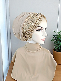 Bej payetli tüllü bone