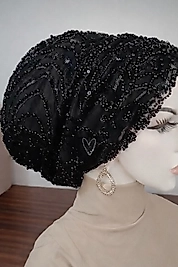 Siyah taş detayli abiye bone