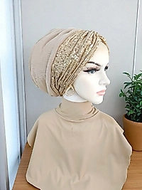 Bej dolgulu payetli bone